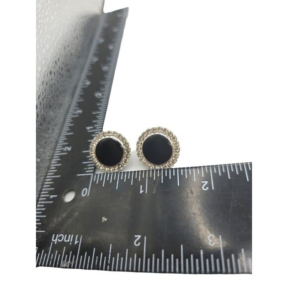 Pierced Earrings Halo Rhinestone Black Enamel Acrylic Silver Tone Lightweight - Picture 6 of 6